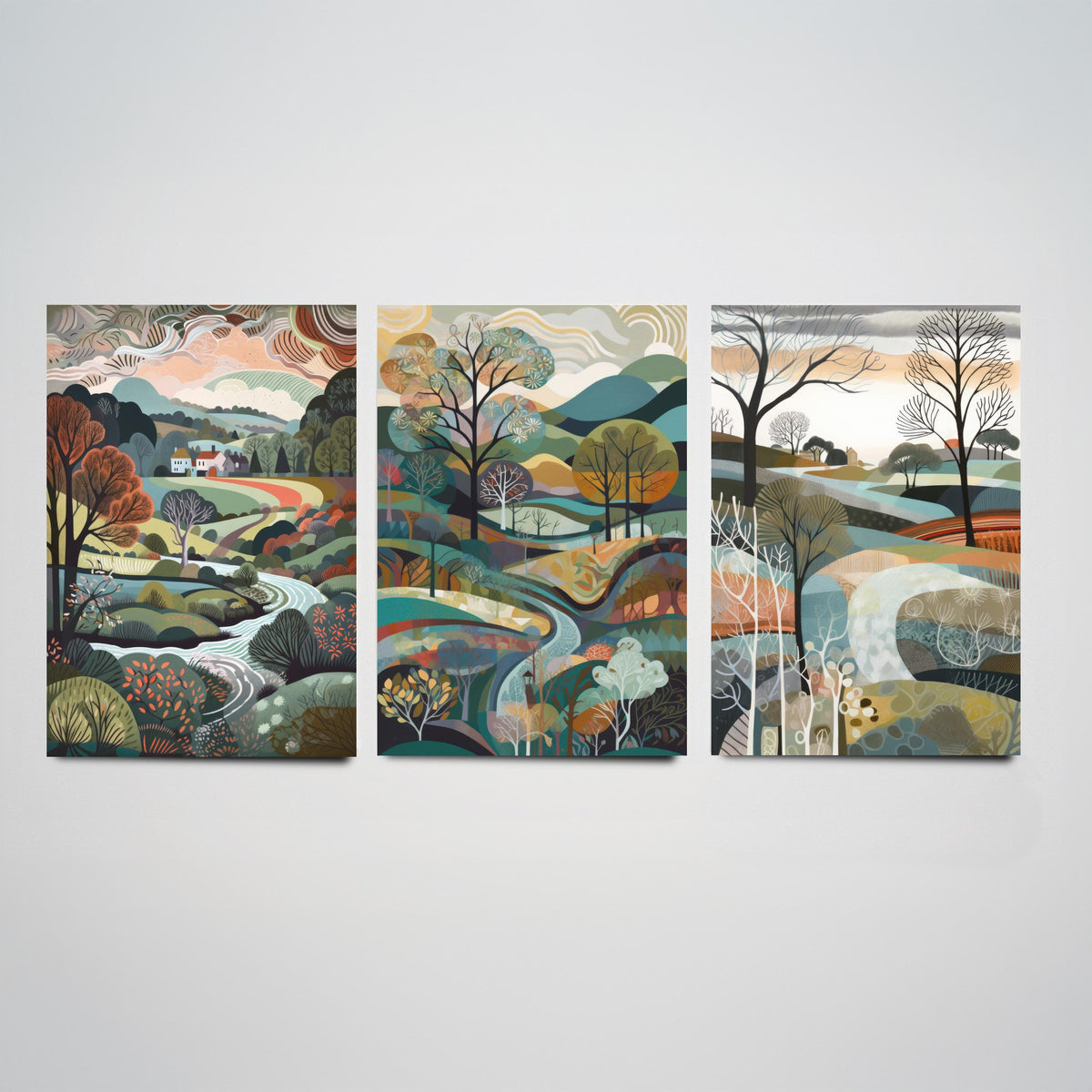 Slate Grey Landscape Drawing Set of Three Art Prints - Trees, Hills and Cottages - Wintry Folk Countryside Poster Illustration