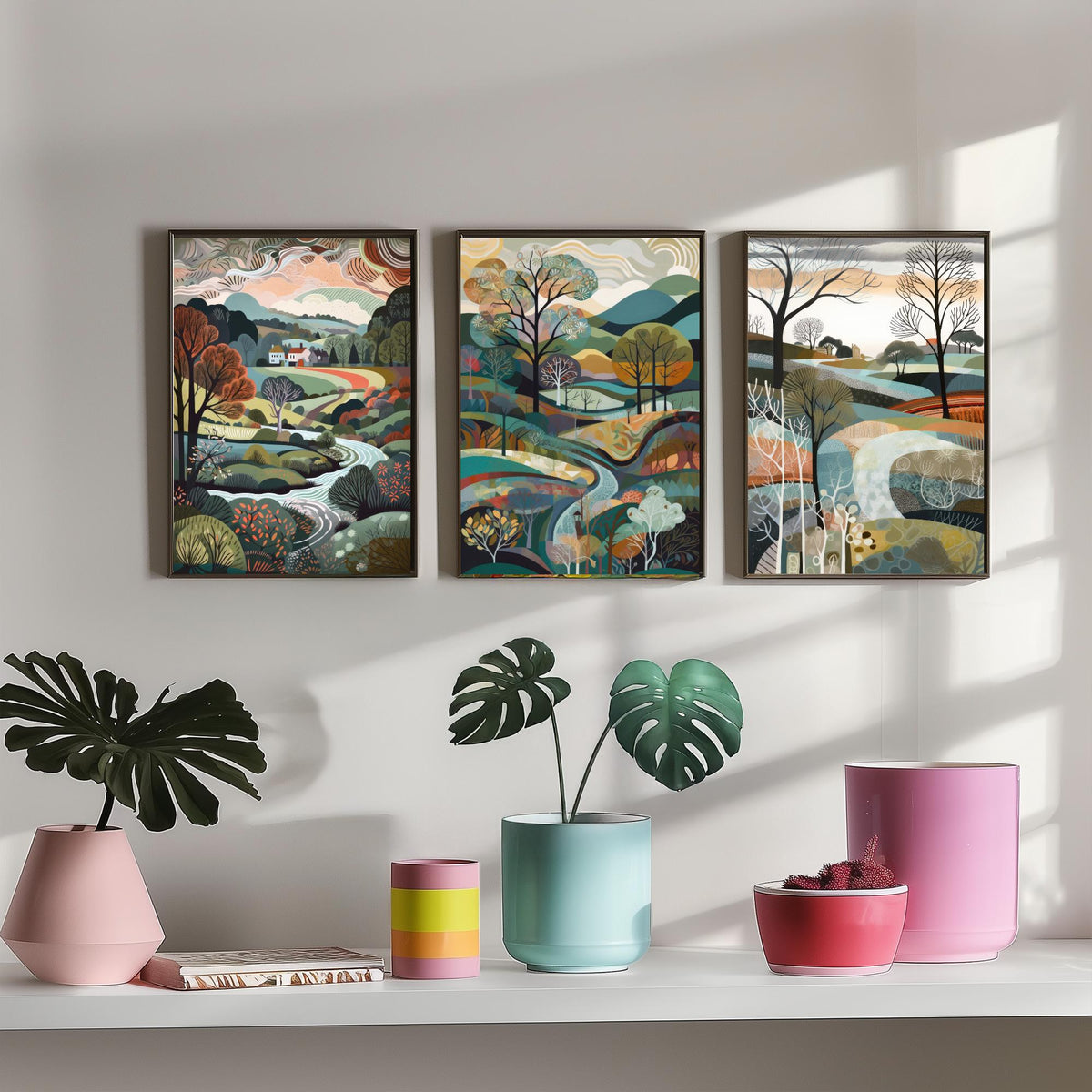 Slate Grey Landscape Drawing Set of Three Art Prints - Trees, Hills and Cottages - Wintry Folk Countryside Poster Illustration