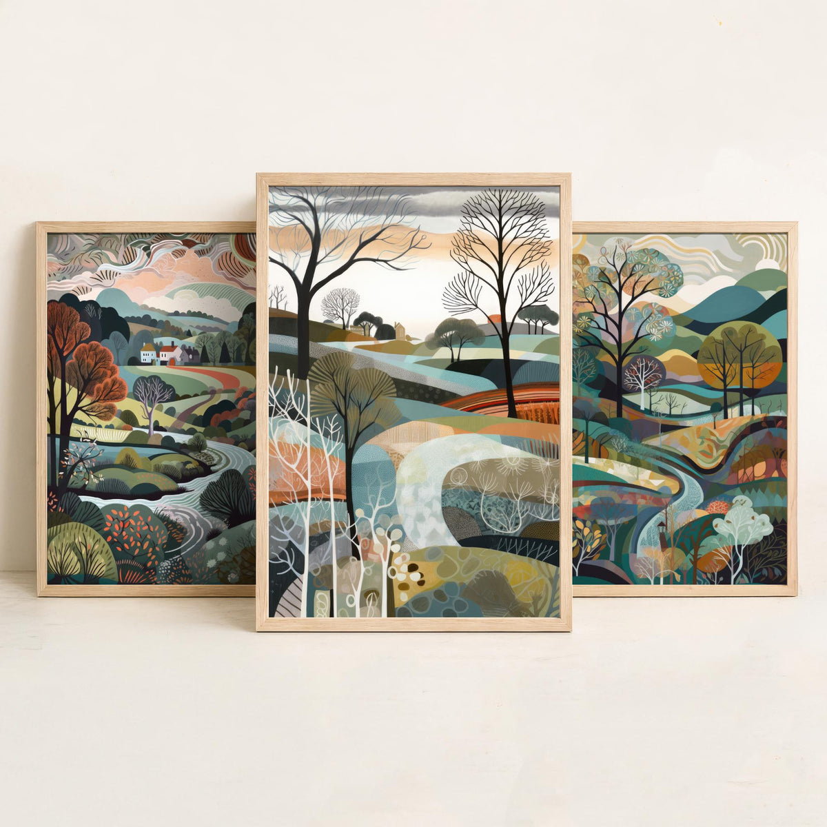Slate Grey Landscape Drawing Set of Three Art Prints - Trees, Hills and Cottages - Wintry Folk Countryside Poster Illustration