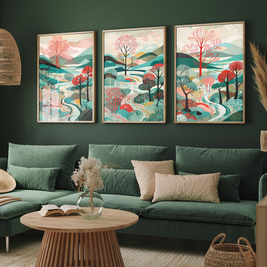 Teal and Crimson Landscape Drawing Set of Three Art Prints - Trees, Hills and River - Striking Folk Countryside Poster Illustration