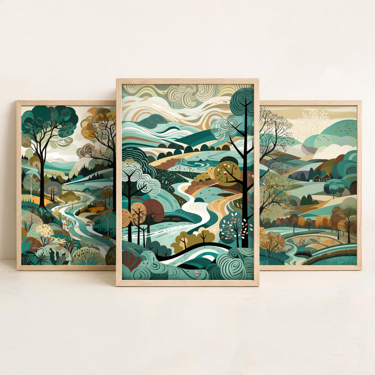 Teal Landscape Drawing Set of Three Art Prints - Trees, Hills and River - Woodland Folk Countryside Poster Illustration