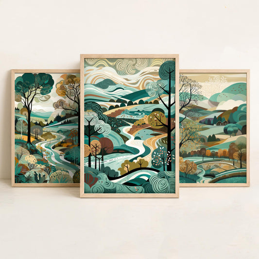 Teal Landscape Drawing Set of Three Art Prints - Trees, Hills and River - Woodland Folk Countryside Poster Illustration