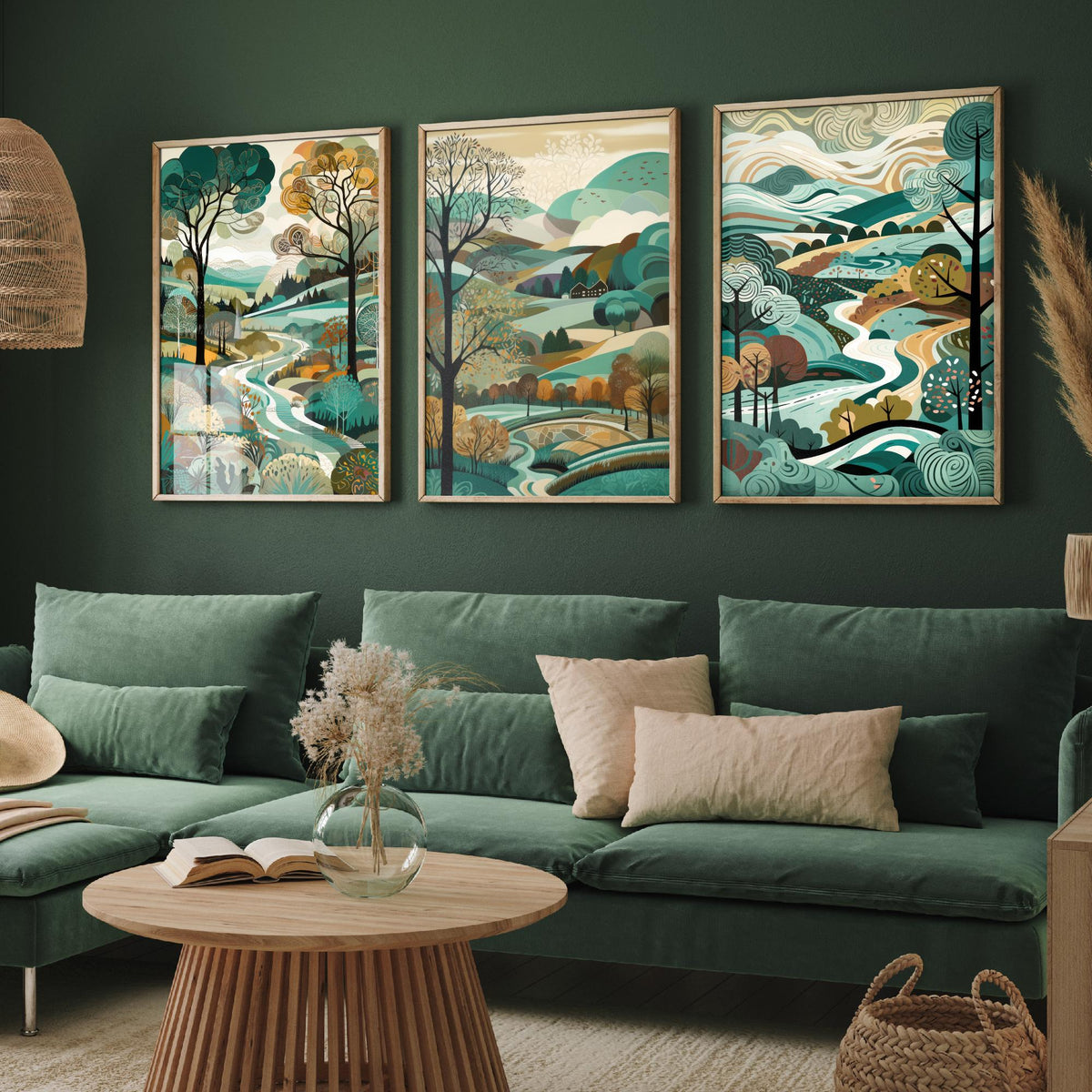 Teal Landscape Drawing Set of Three Art Prints - Trees, Hills and River - Woodland Folk Countryside Poster Illustration