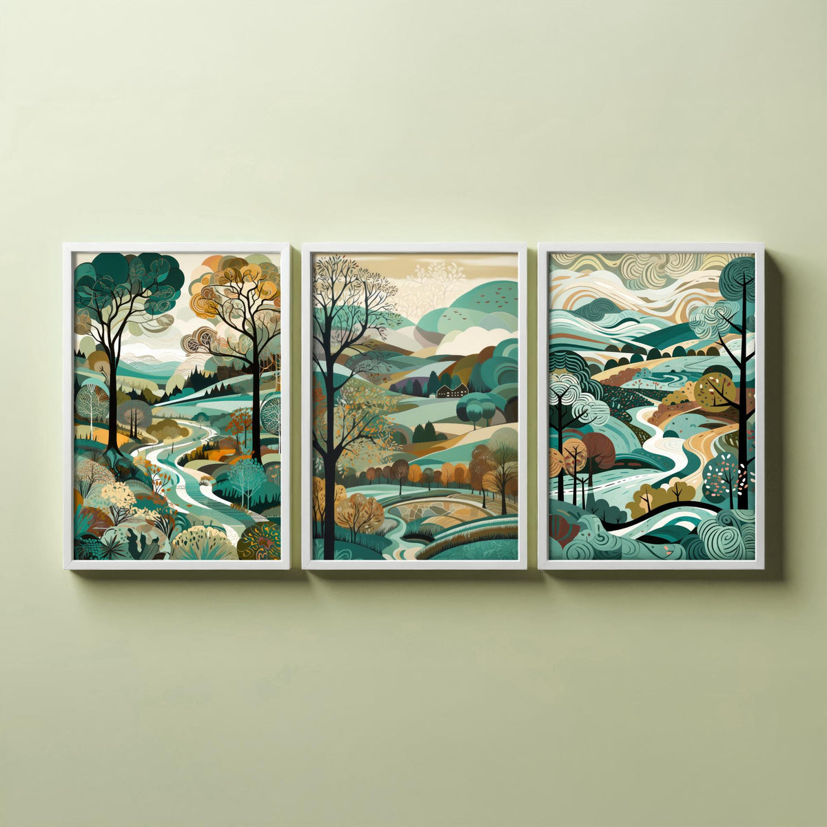 Teal Landscape Drawing Set of Three Art Prints - Trees, Hills and River - Woodland Folk Countryside Poster Illustration