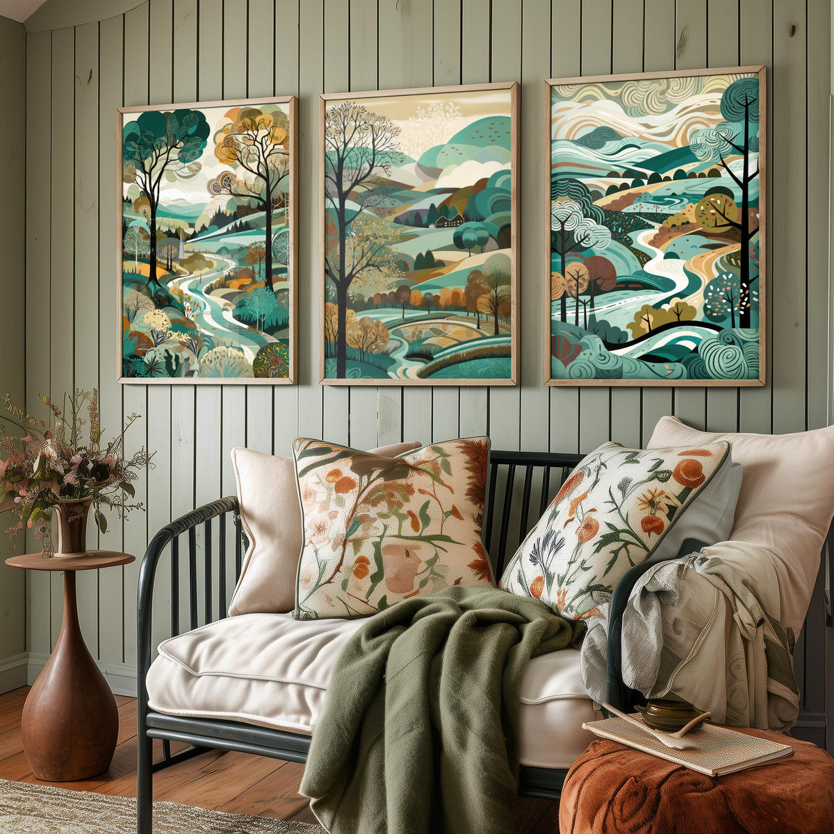 Teal Landscape Drawing Set of Three Art Prints - Trees, Hills and River - Woodland Folk Countryside Poster Illustration