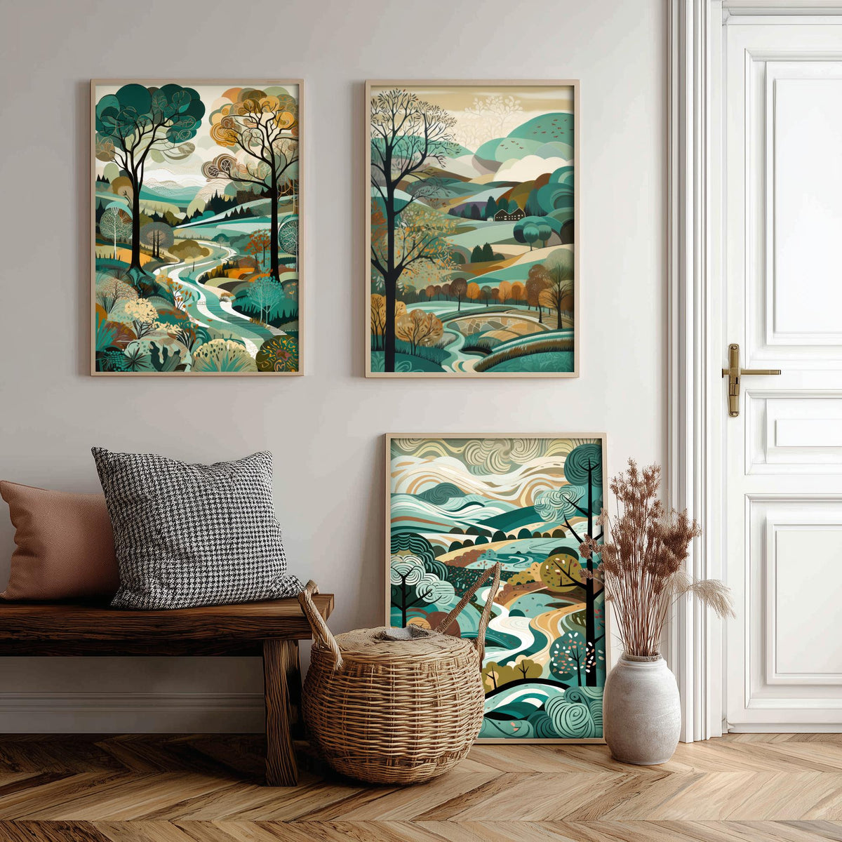 Teal Landscape Drawing Set of Three Art Prints - Trees, Hills and River - Woodland Folk Countryside Poster Illustration