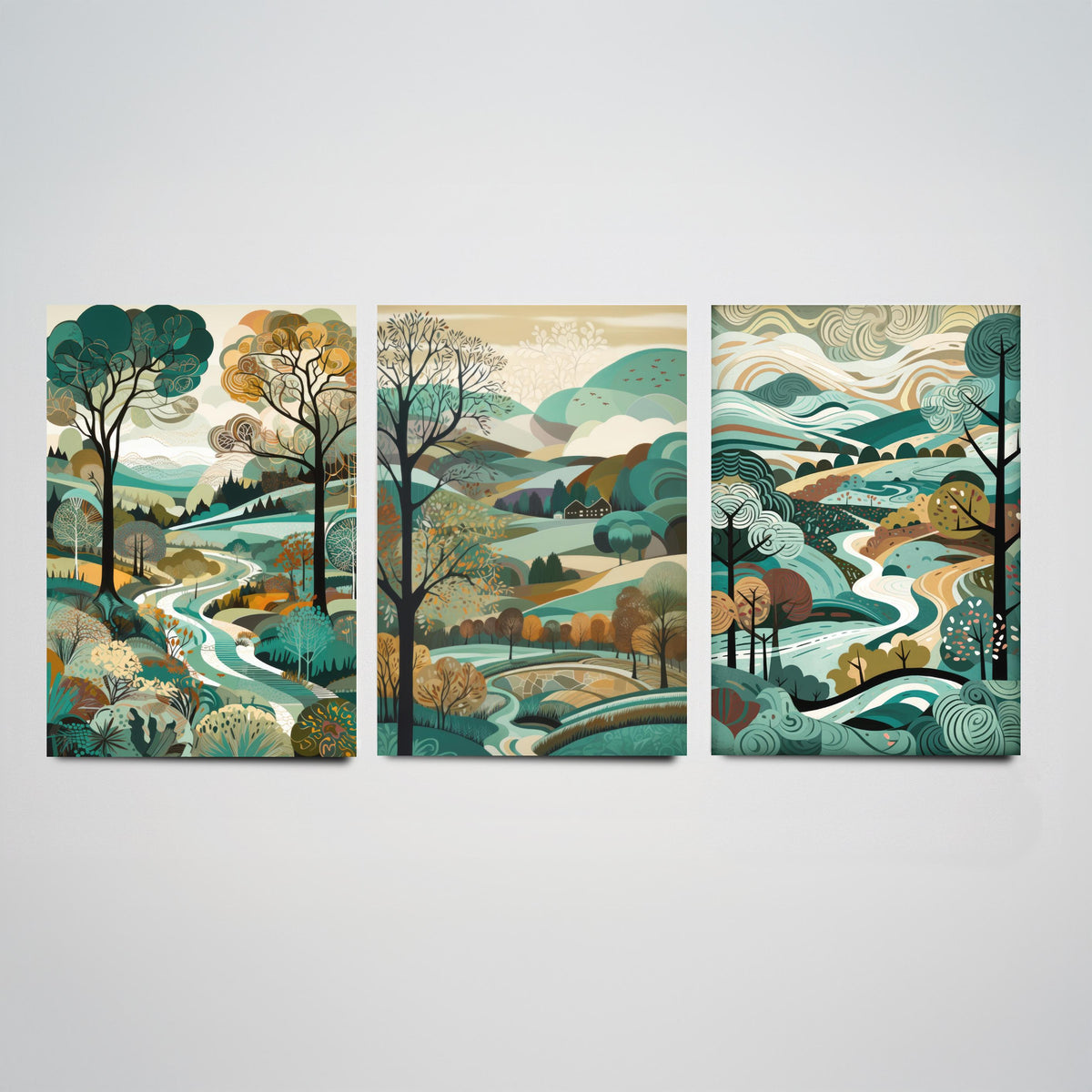 Teal Landscape Drawing Set of Three Art Prints - Trees, Hills and River - Woodland Folk Countryside Poster Illustration