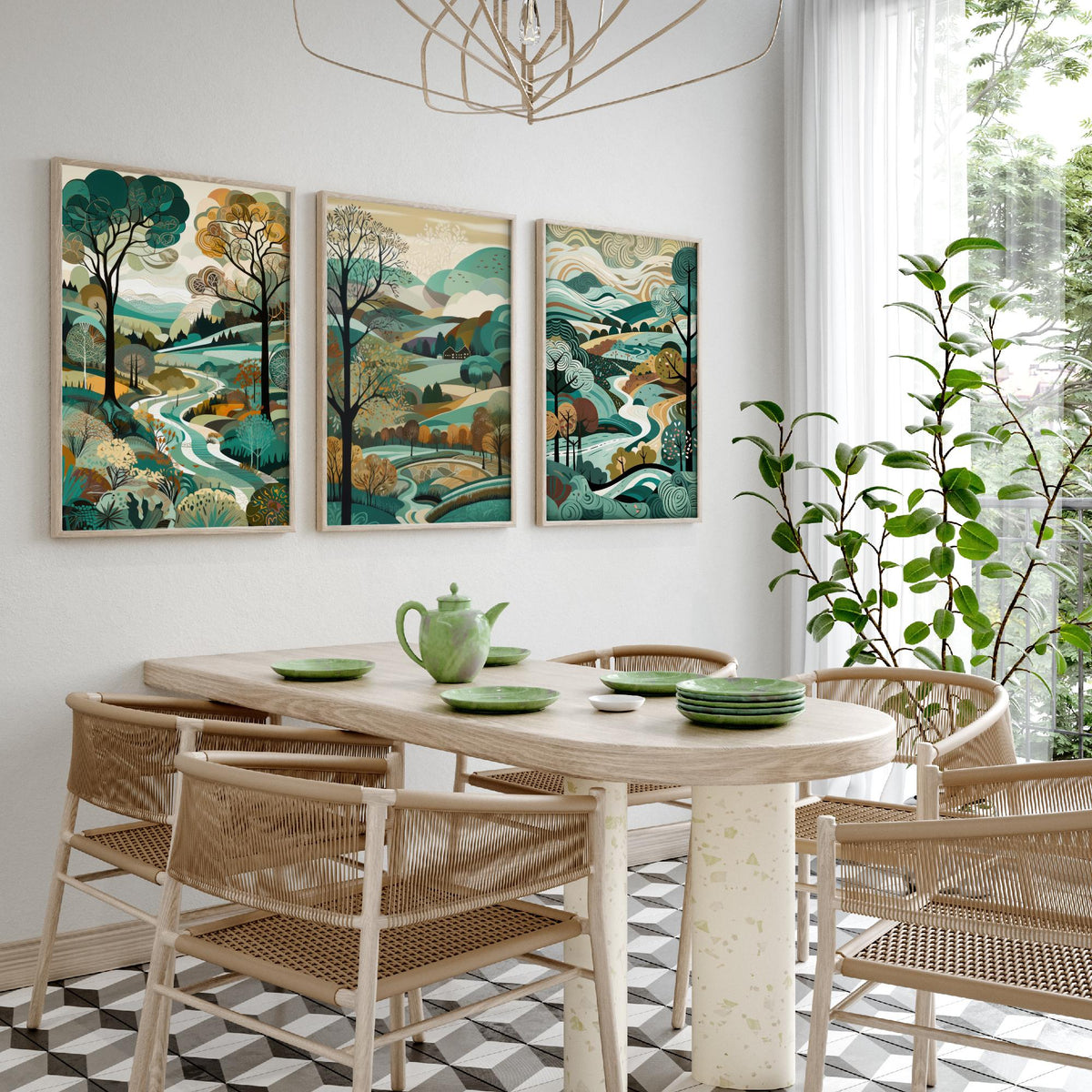 Teal Landscape Drawing Set of Three Art Prints - Trees, Hills and River - Woodland Folk Countryside Poster Illustration
