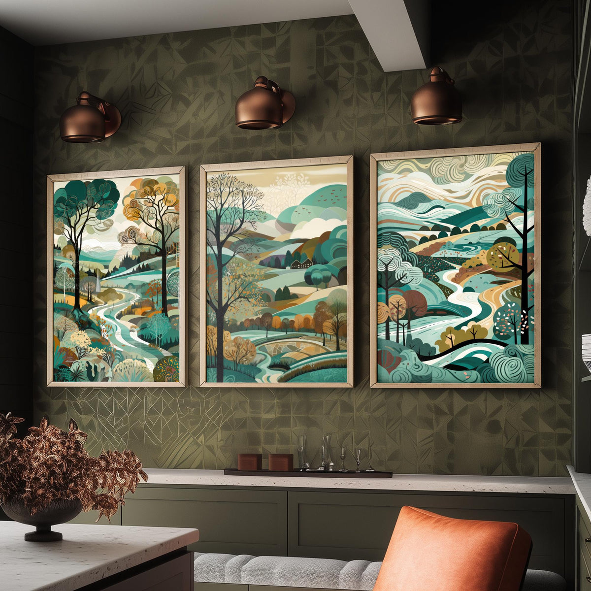 Teal Landscape Drawing Set of Three Art Prints - Trees, Hills and River - Woodland Folk Countryside Poster Illustration