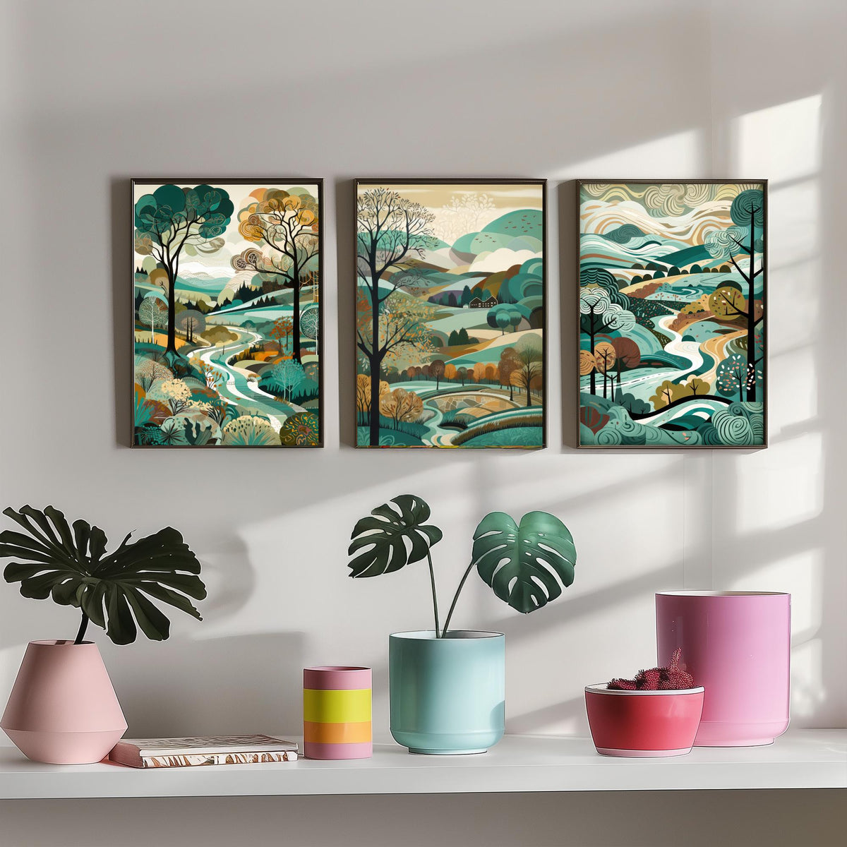 Teal Landscape Drawing Set of Three Art Prints - Trees, Hills and River - Woodland Folk Countryside Poster Illustration