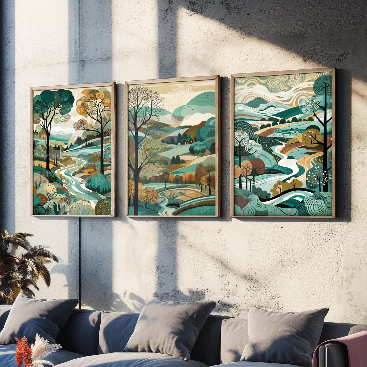 Teal Landscape Drawing Set of Three Art Prints - Trees, Hills and River - Woodland Folk Countryside Poster Illustration
