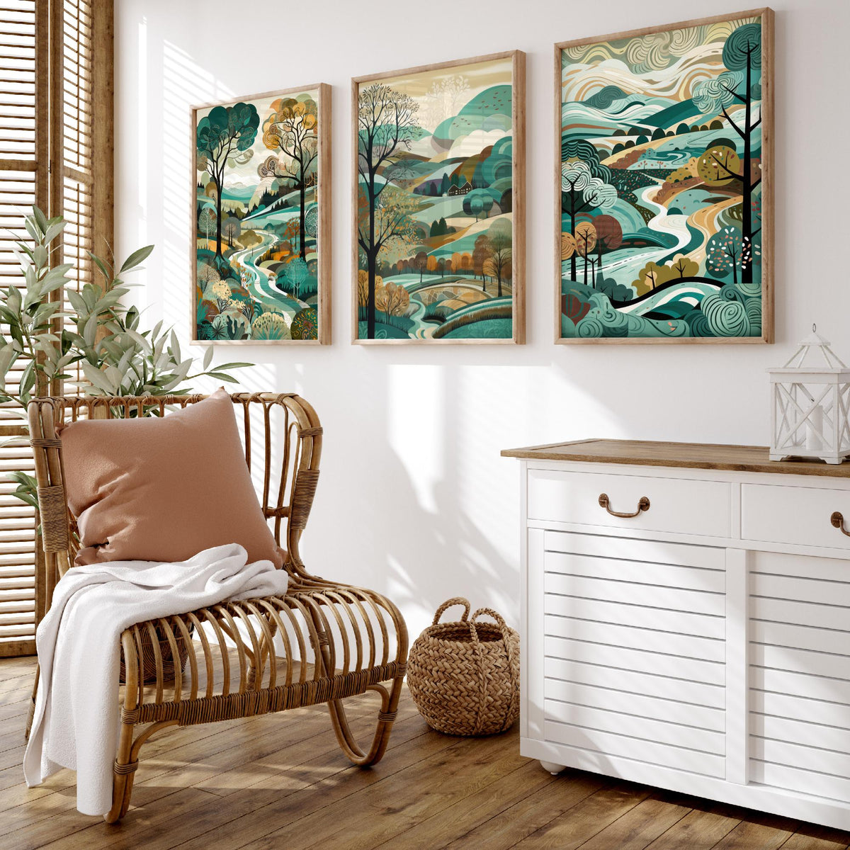 Teal Landscape Drawing Set of Three Art Prints - Trees, Hills and River - Woodland Folk Countryside Poster Illustration