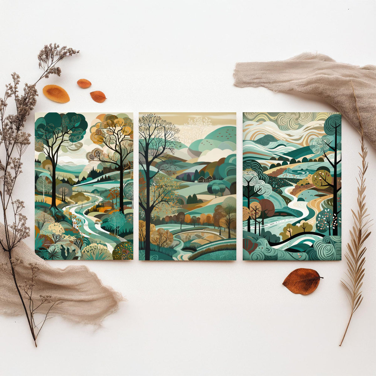 Teal Landscape Drawing Set of Three Art Prints - Trees, Hills and River - Woodland Folk Countryside Poster Illustration