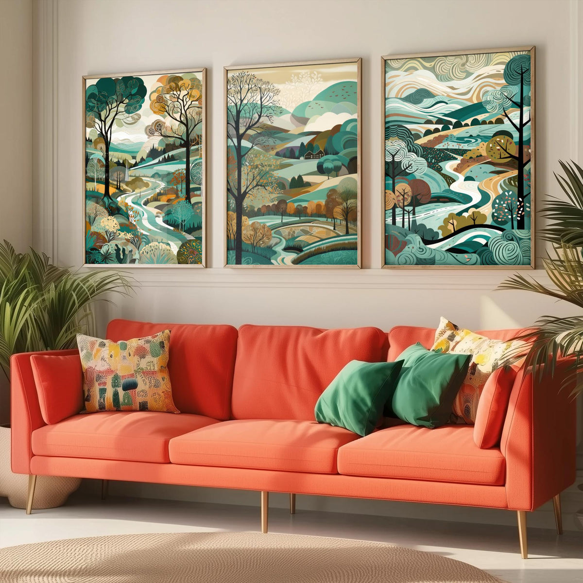 Teal Landscape Drawing Set of Three Art Prints - Trees, Hills and River - Woodland Folk Countryside Poster Illustration