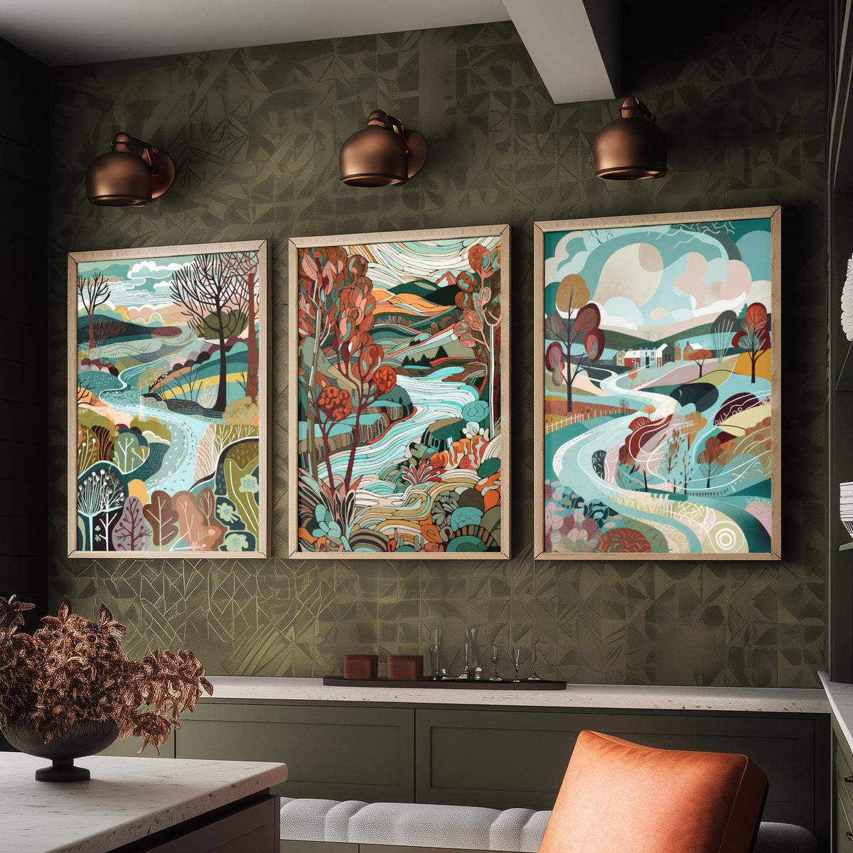 Turquoise and Maroon Landscape Drawing Set of Three Art Prints - Trees, Hills and River - Rich Folk Countryside Poster Illustration