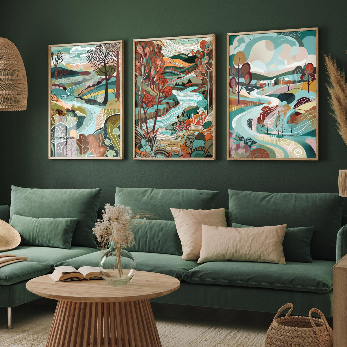Turquoise and Maroon Landscape Drawing Set of Three Art Prints - Trees, Hills and River - Rich Folk Countryside Poster Illustration