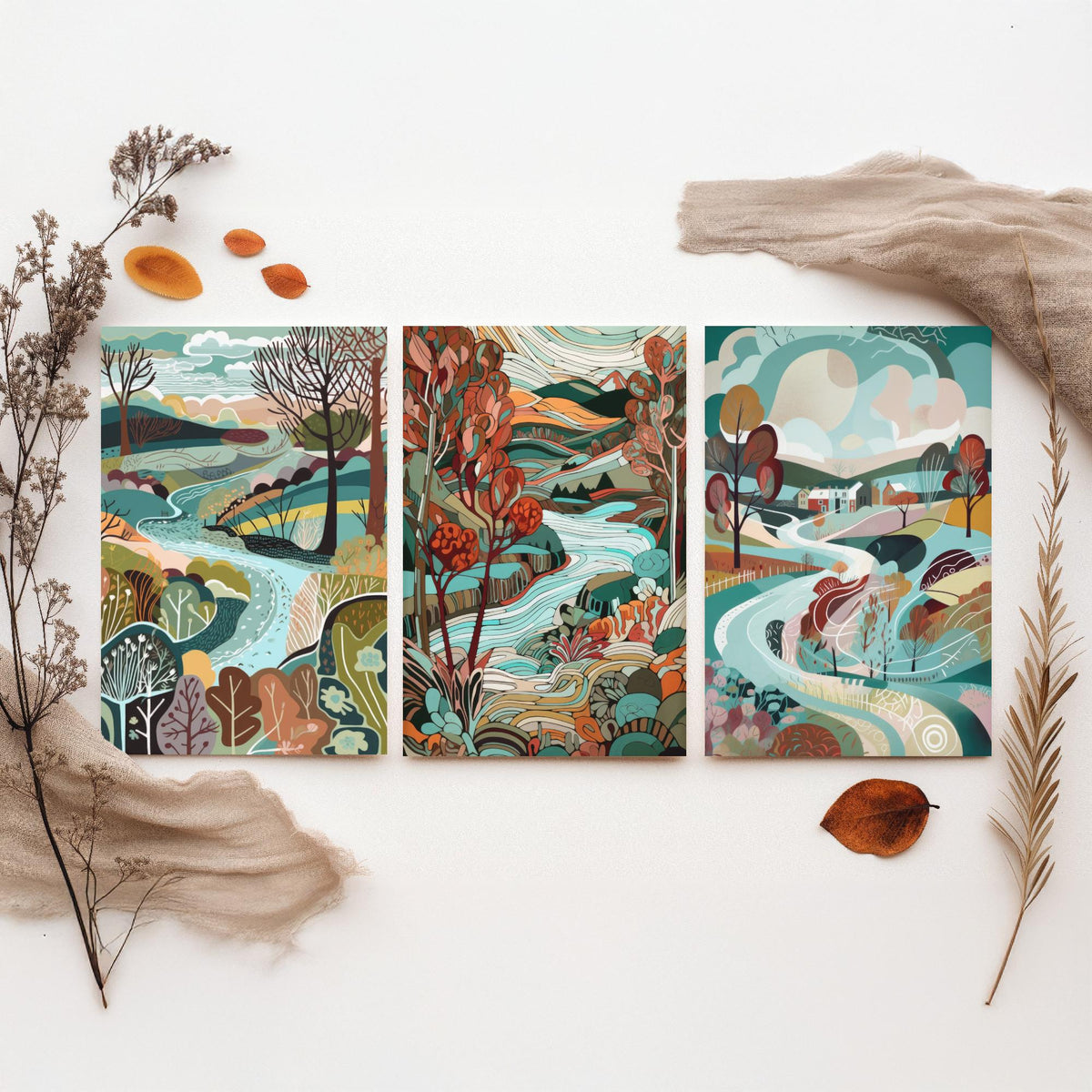 Turquoise and Maroon Landscape Drawing Set of Three Art Prints - Trees, Hills and River - Rich Folk Countryside Poster Illustration
