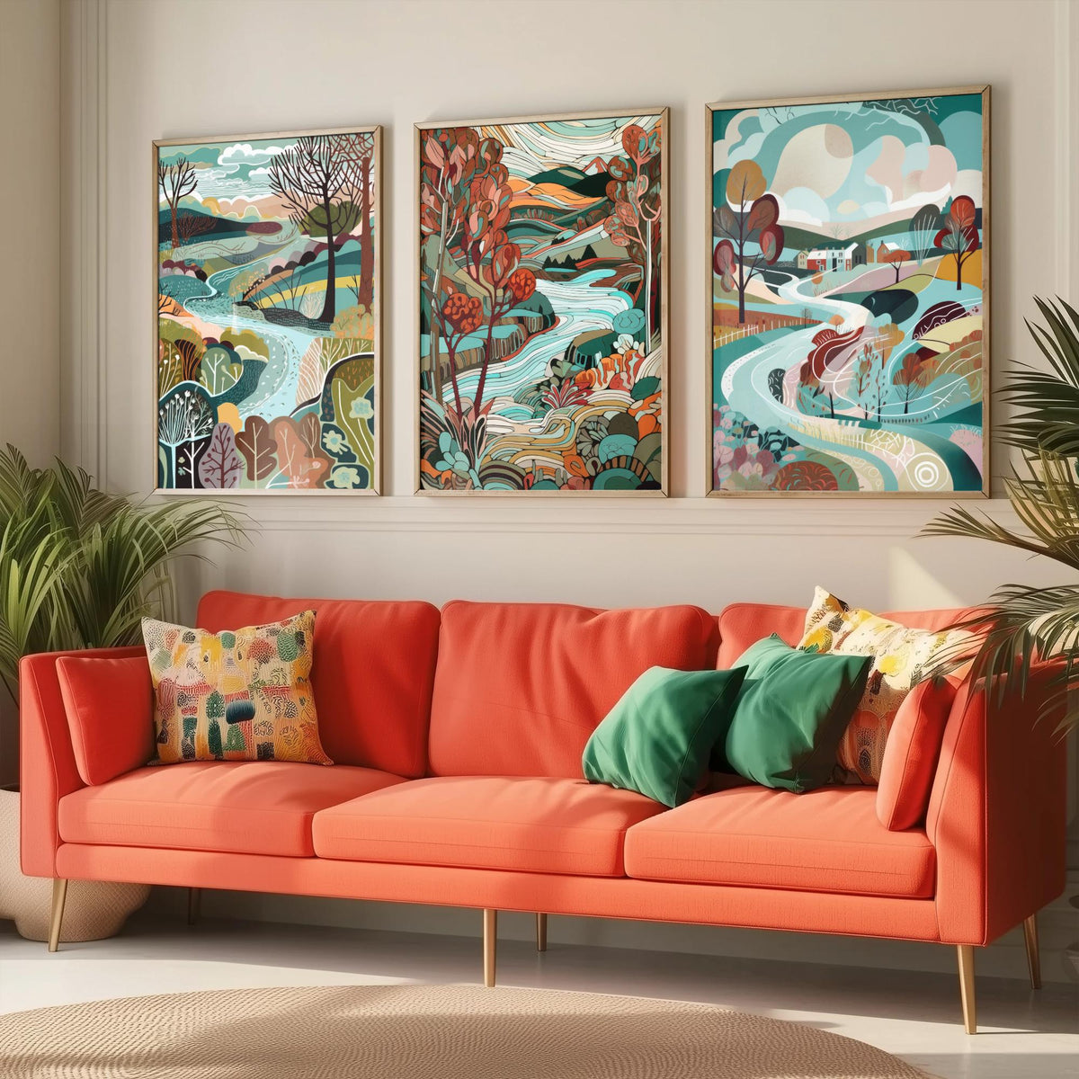 Turquoise and Maroon Landscape Drawing Set of Three Art Prints - Trees, Hills and River - Rich Folk Countryside Poster Illustration