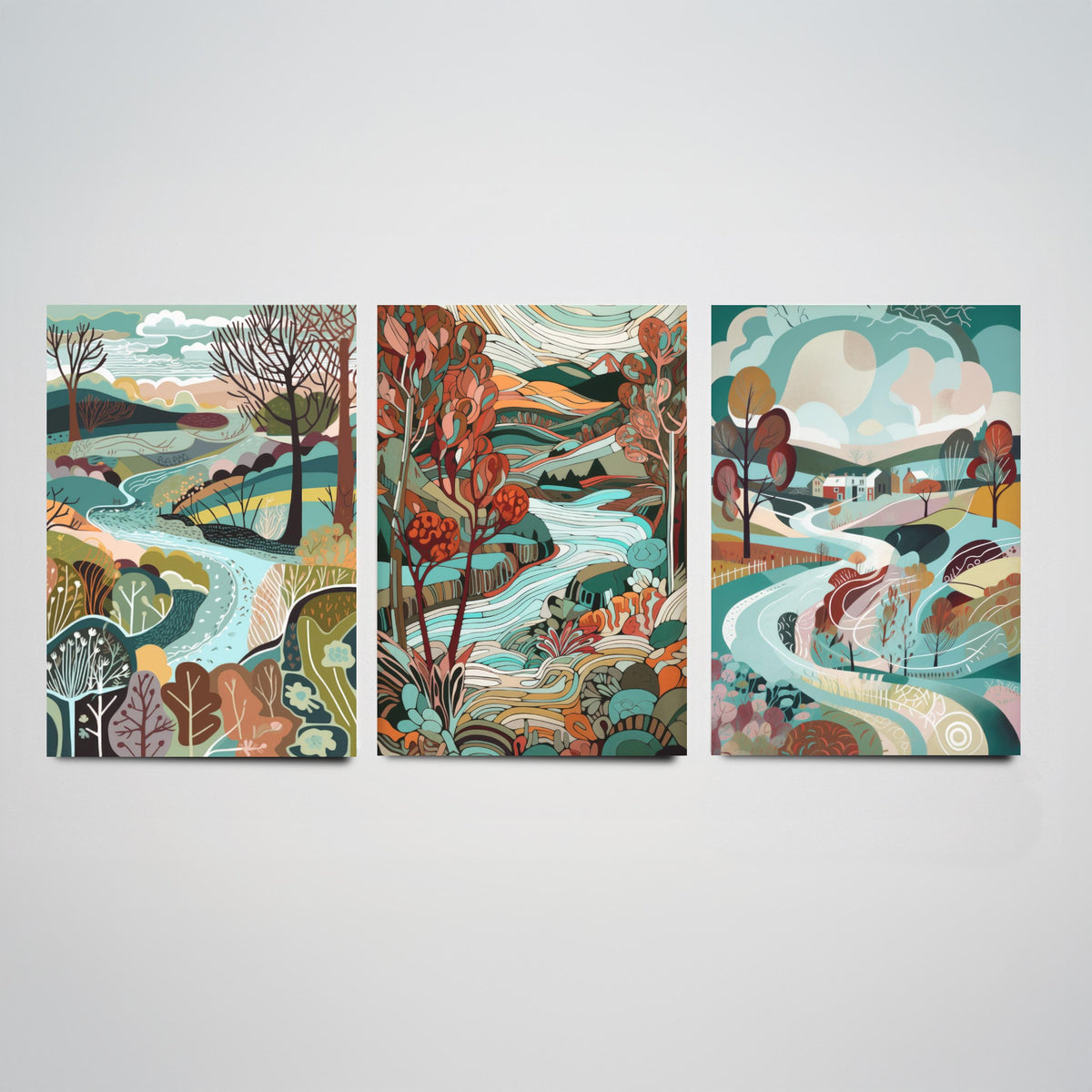 Turquoise and Maroon Landscape Drawing Set of Three Art Prints - Trees, Hills and River - Rich Folk Countryside Poster Illustration