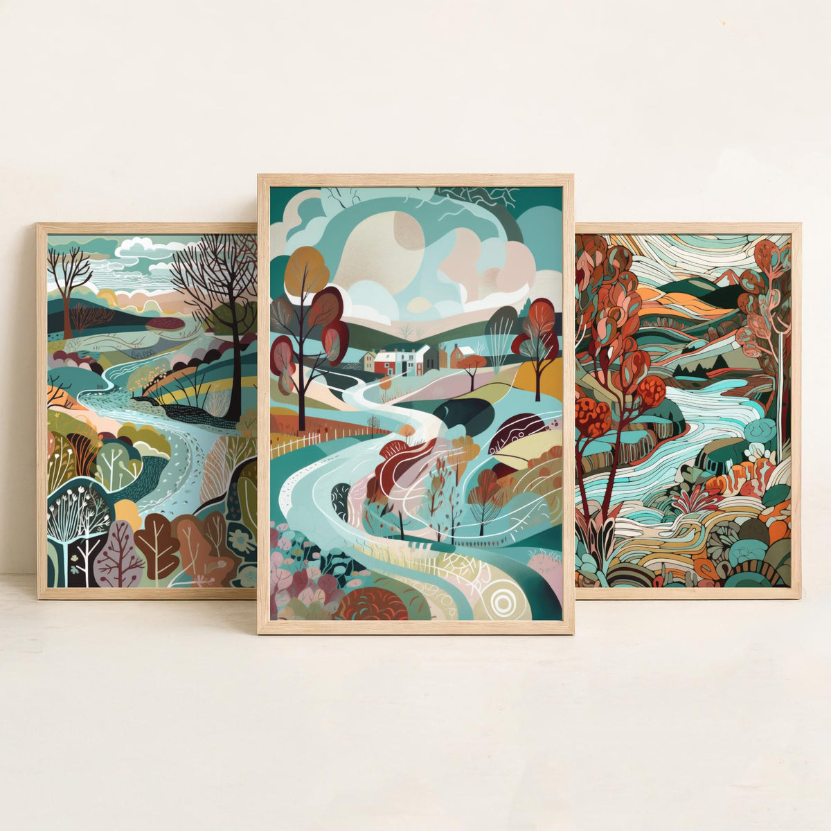 Turquoise and Maroon Landscape Drawing Set of Three Art Prints - Trees, Hills and River - Rich Folk Countryside Poster Illustration