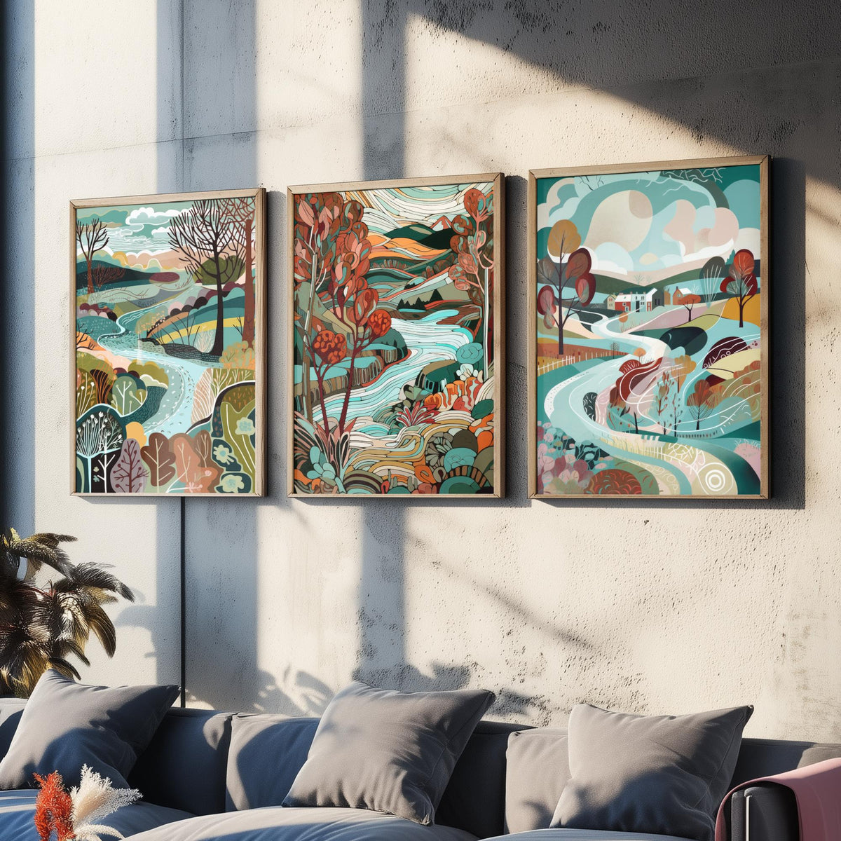 Turquoise and Maroon Landscape Drawing Set of Three Art Prints - Trees, Hills and River - Rich Folk Countryside Poster Illustration