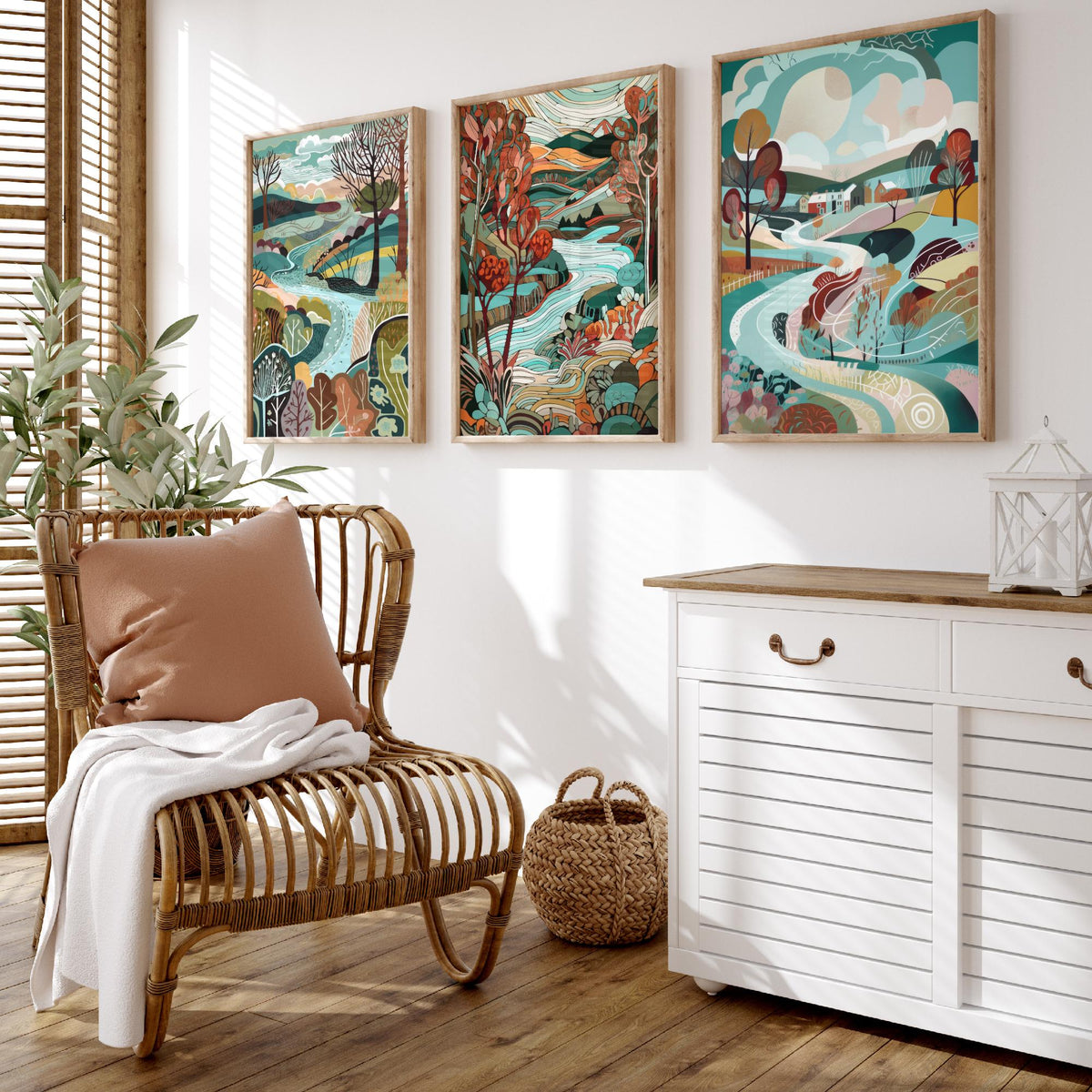 Turquoise and Maroon Landscape Drawing Set of Three Art Prints - Trees, Hills and River - Rich Folk Countryside Poster Illustration