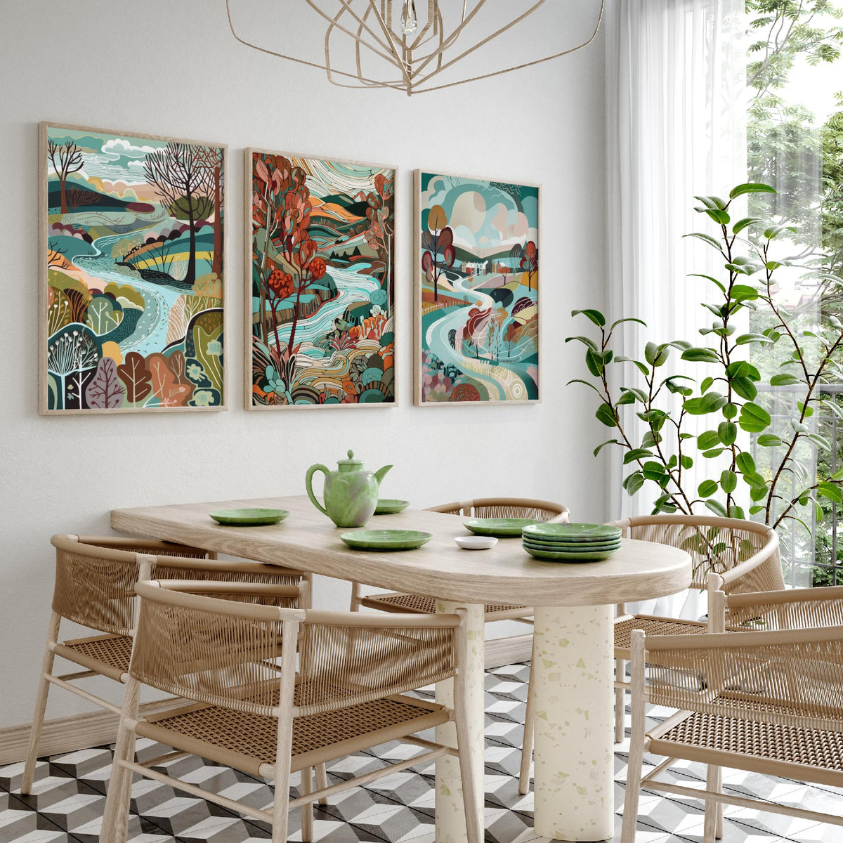 Turquoise and Maroon Landscape Drawing Set of Three Art Prints - Trees, Hills and River - Rich Folk Countryside Poster Illustration