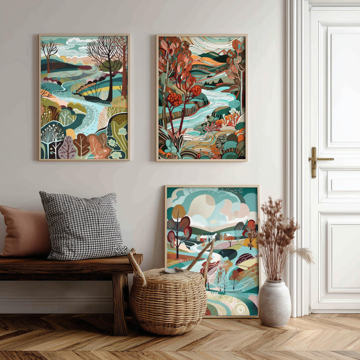 Turquoise and Maroon Landscape Drawing Set of Three Art Prints - Trees, Hills and River - Rich Folk Countryside Poster Illustration