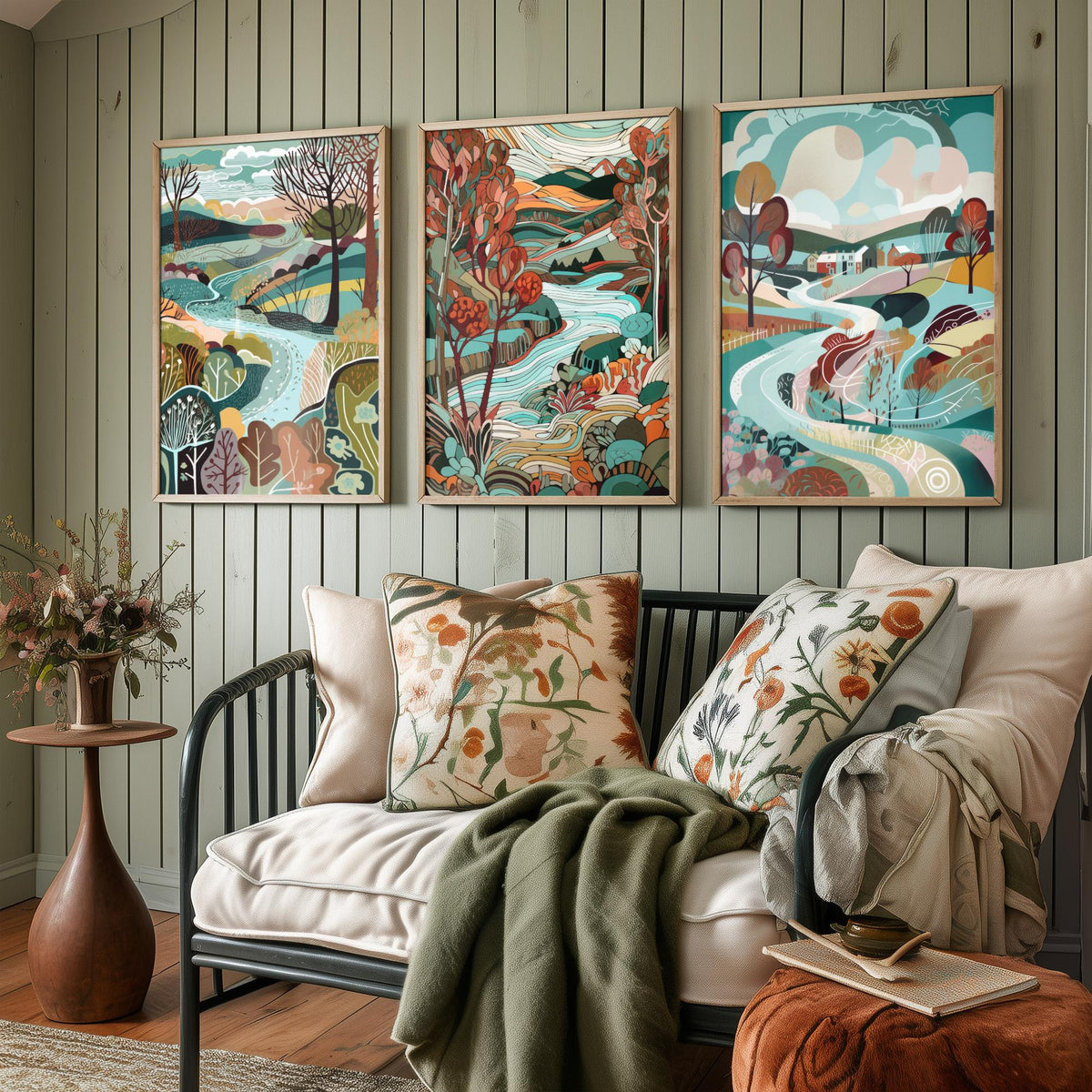 Turquoise and Maroon Landscape Drawing Set of Three Art Prints - Trees, Hills and River - Rich Folk Countryside Poster Illustration
