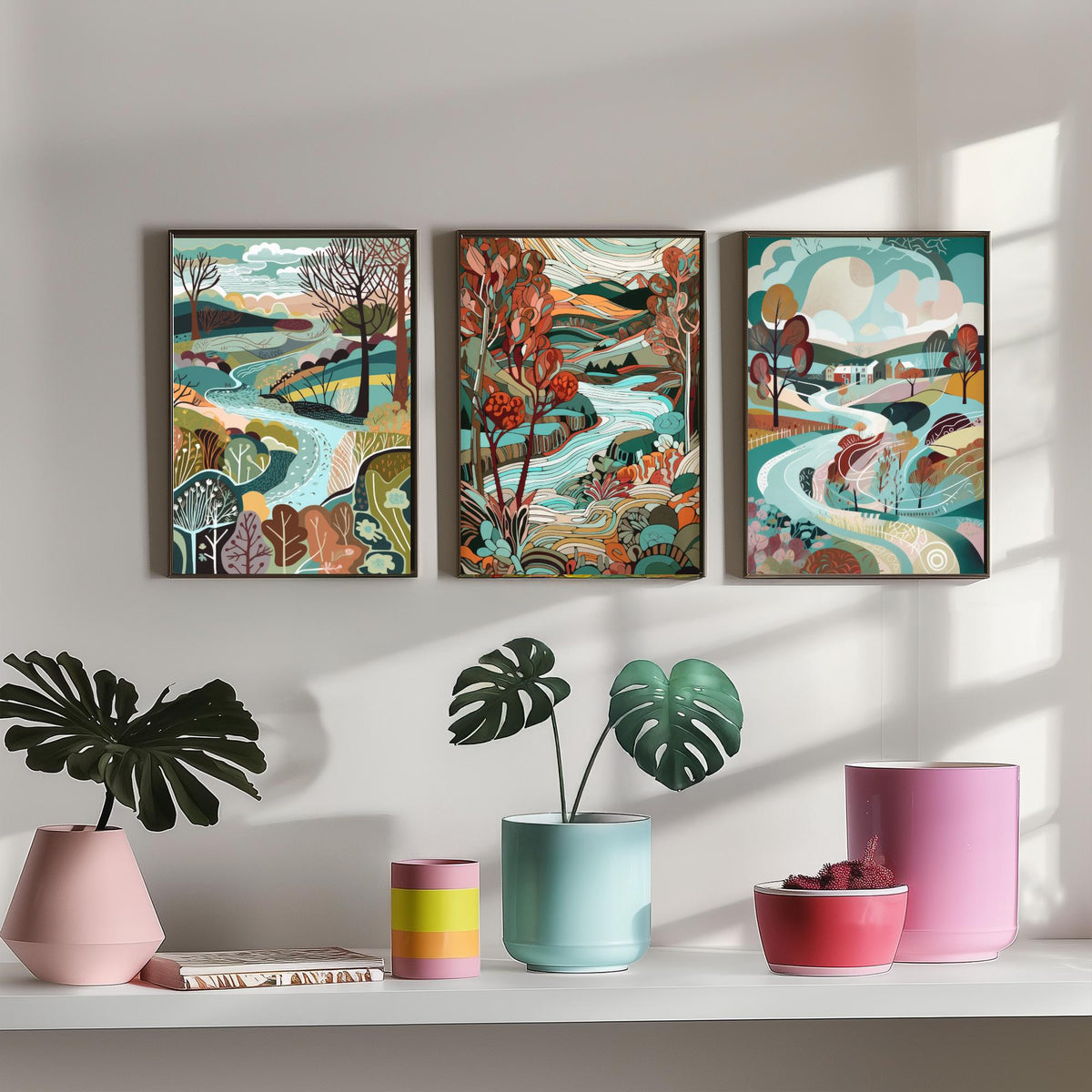 Turquoise and Maroon Landscape Drawing Set of Three Art Prints - Trees, Hills and River - Rich Folk Countryside Poster Illustration