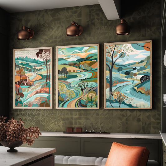 Turquoise Landscape Drawing Set of Three Art Prints - Trees, Hills and Farms - Breezy Folk Countryside Poster Illustration