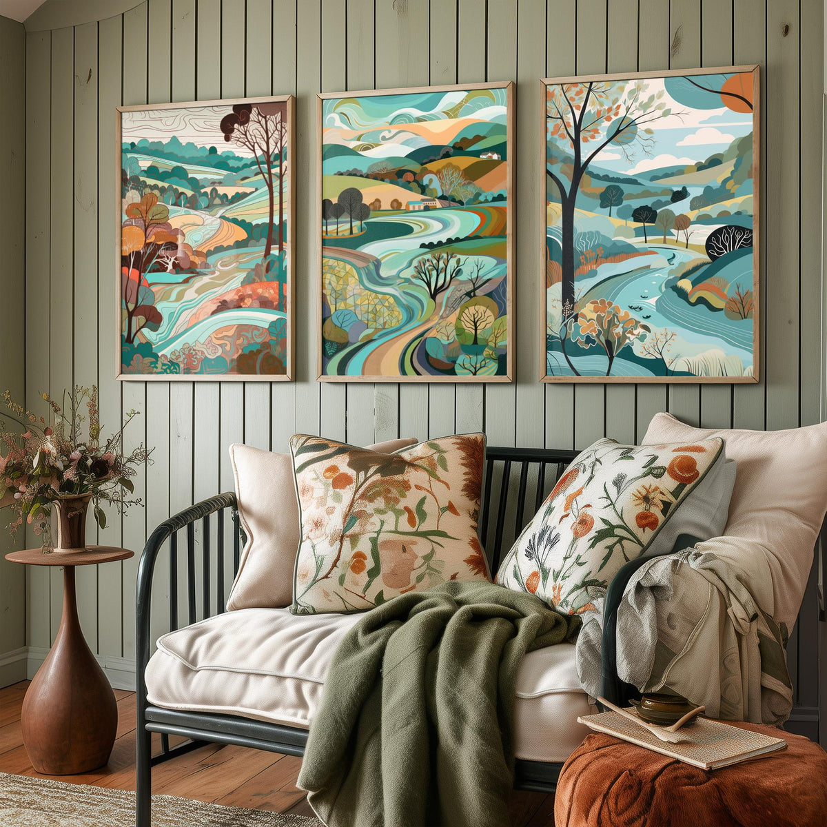 Turquoise Landscape Drawing Set of Three Art Prints - Trees, Hills and Farms - Breezy Folk Countryside Poster Illustration