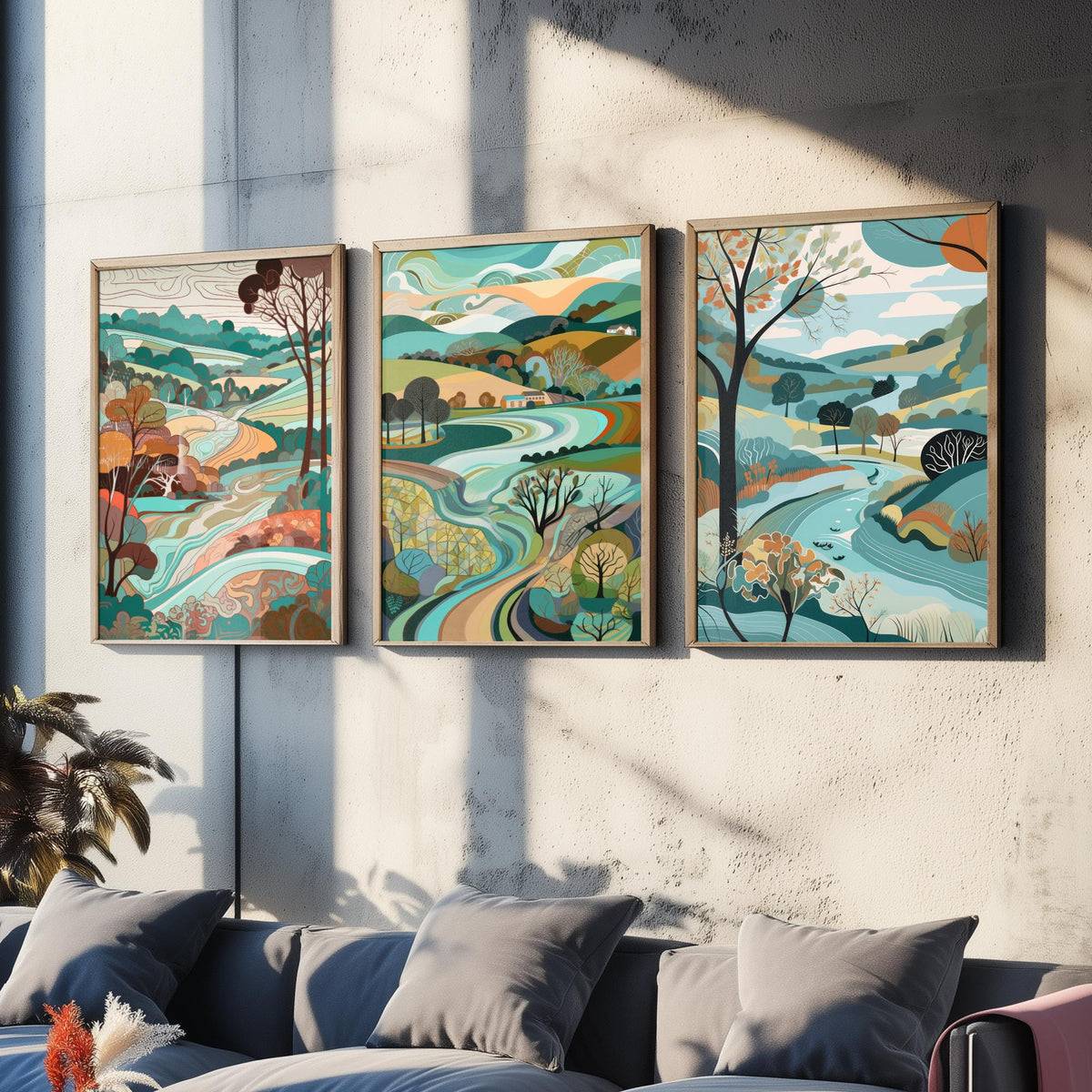 Turquoise Landscape Drawing Set of Three Art Prints - Trees, Hills and Farms - Breezy Folk Countryside Poster Illustration