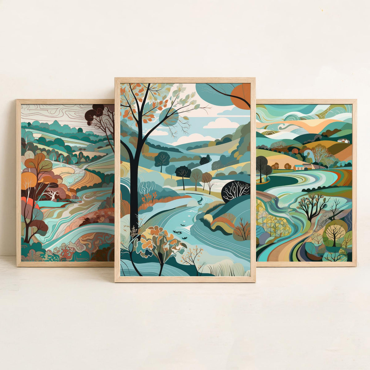 Turquoise Landscape Drawing Set of Three Art Prints - Trees, Hills and Farms - Breezy Folk Countryside Poster Illustration