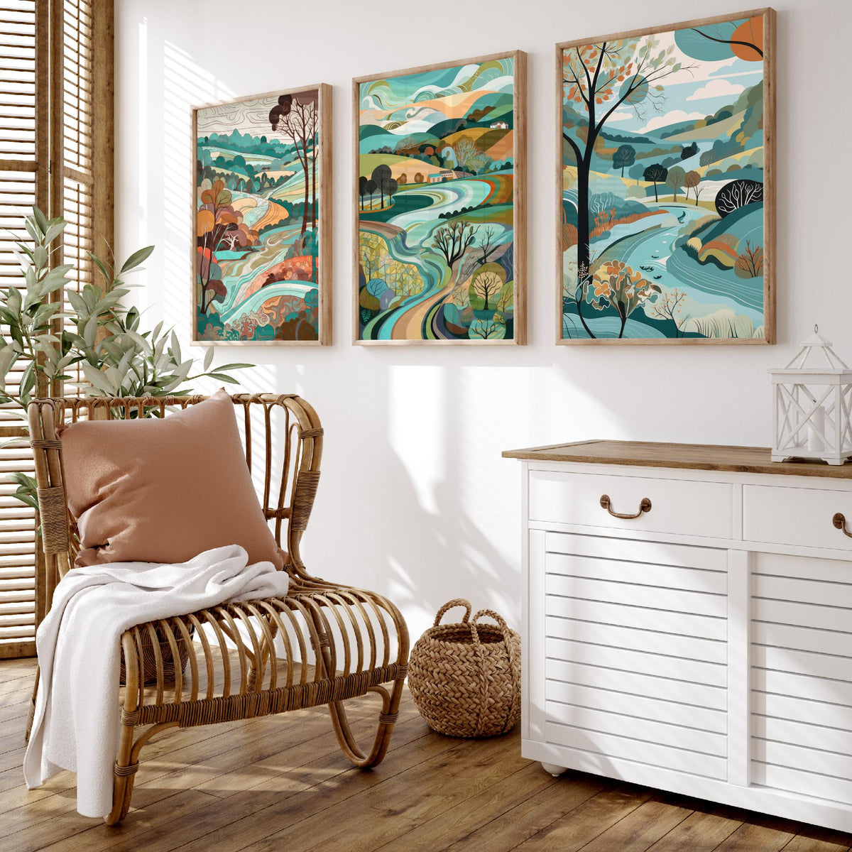 Turquoise Landscape Drawing Set of Three Art Prints - Trees, Hills and Farms - Breezy Folk Countryside Poster Illustration