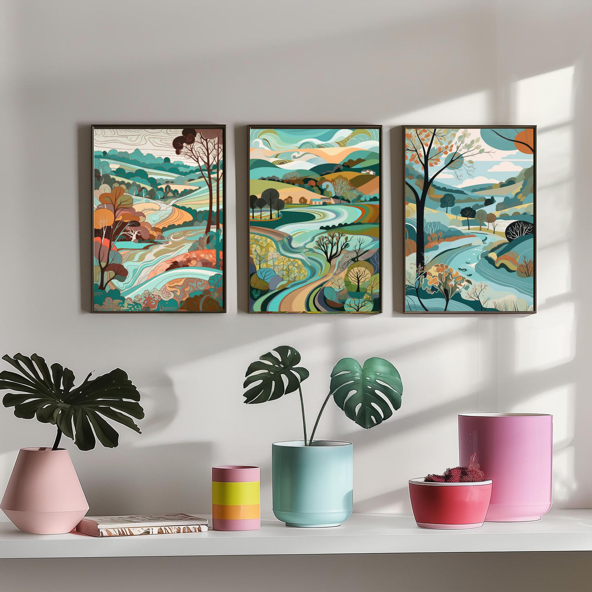 Turquoise Landscape Drawing Set of Three Art Prints - Trees, Hills and Farms - Breezy Folk Countryside Poster Illustration