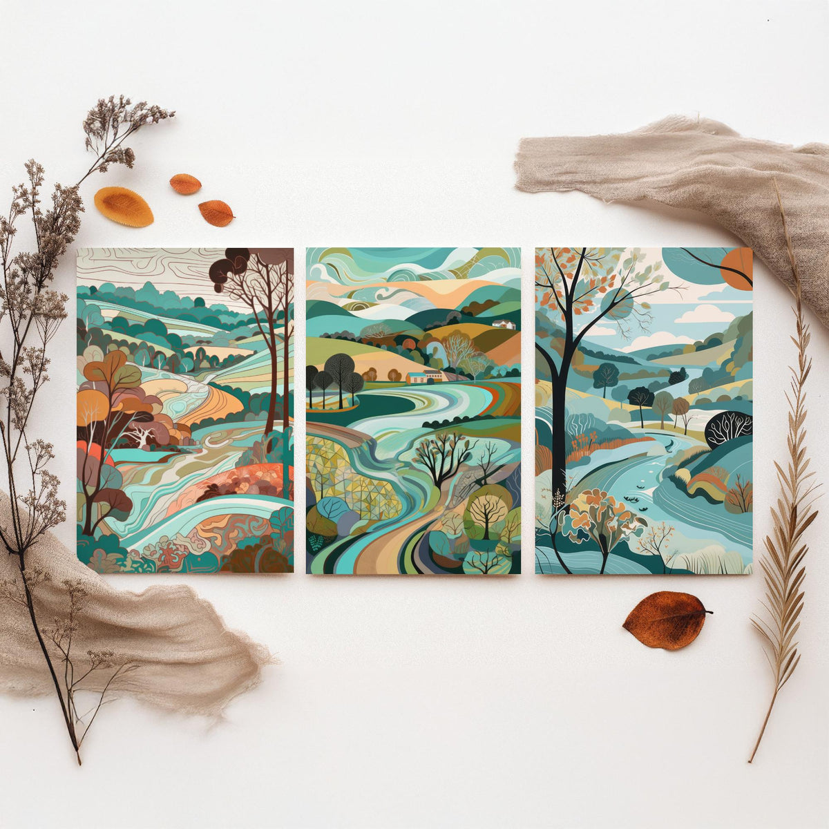Turquoise Landscape Drawing Set of Three Art Prints - Trees, Hills and Farms - Breezy Folk Countryside Poster Illustration