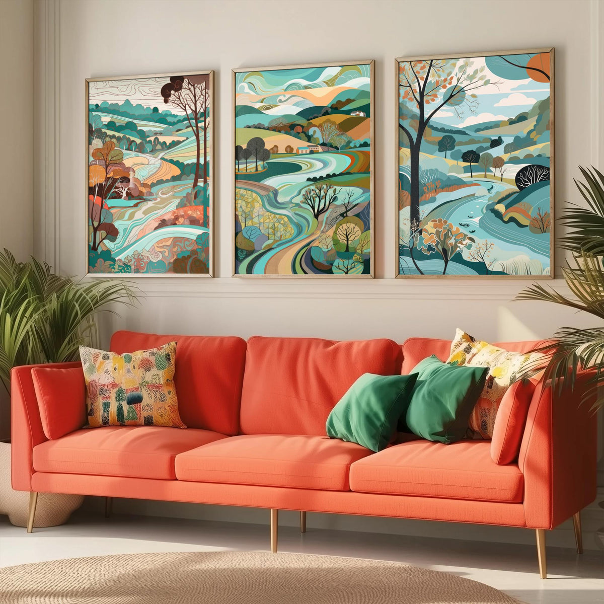 Turquoise Landscape Drawing Set of Three Art Prints - Trees, Hills and Farms - Breezy Folk Countryside Poster Illustration