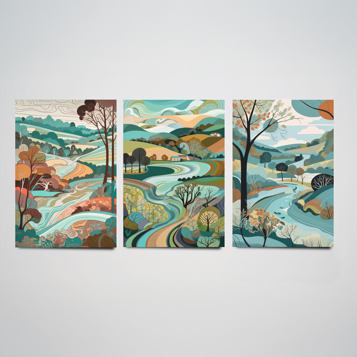 Turquoise Landscape Drawing Set of Three Art Prints - Trees, Hills and Farms - Breezy Folk Countryside Poster Illustration