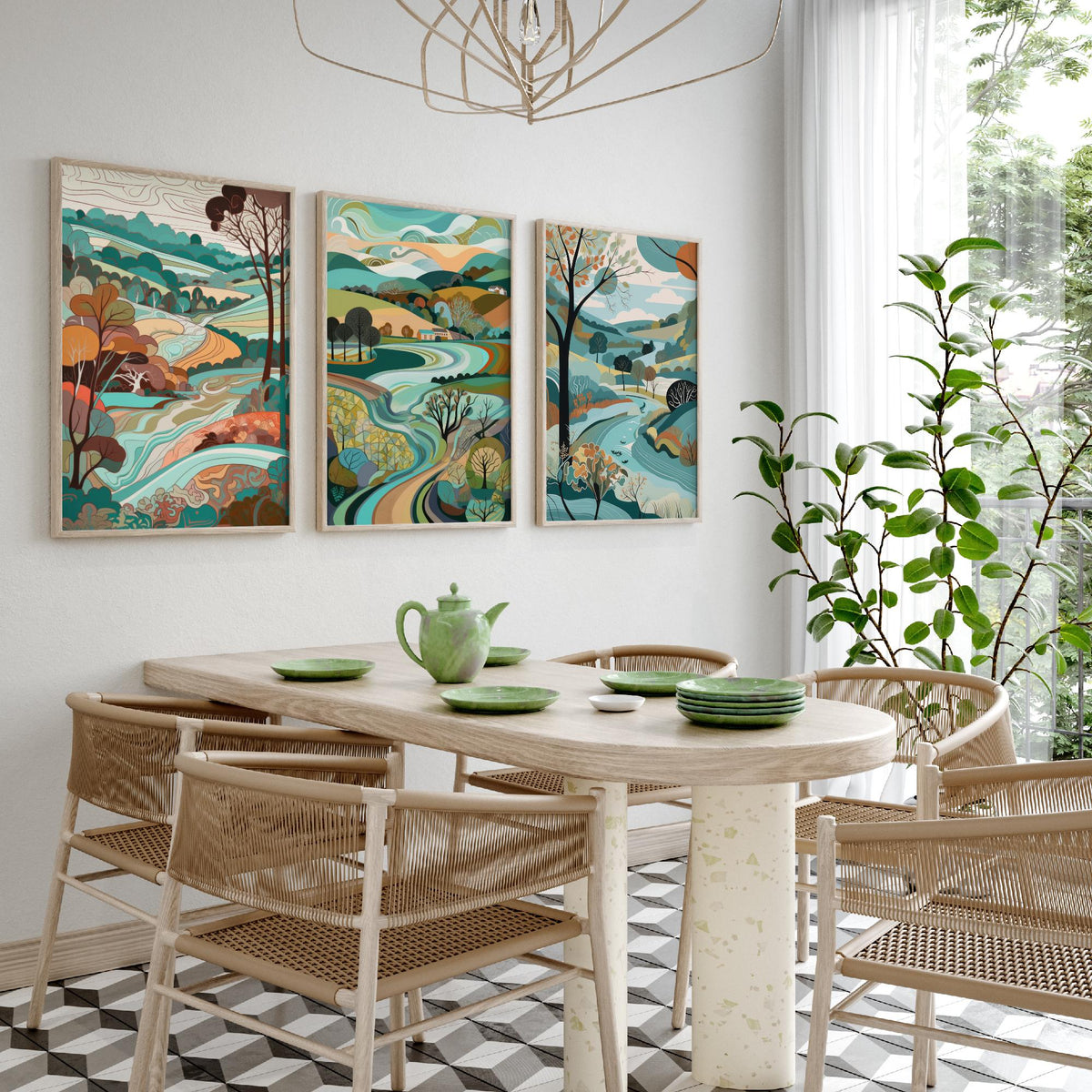Turquoise Landscape Drawing Set of Three Art Prints - Trees, Hills and Farms - Breezy Folk Countryside Poster Illustration
