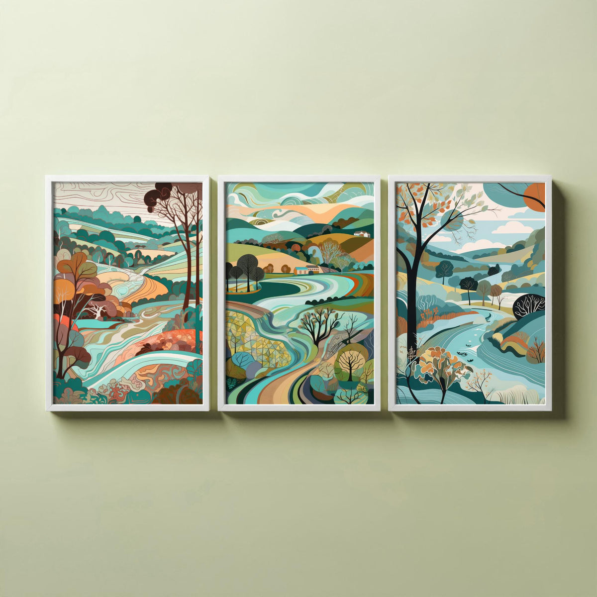 Turquoise Landscape Drawing Set of Three Art Prints - Trees, Hills and Farms - Breezy Folk Countryside Poster Illustration