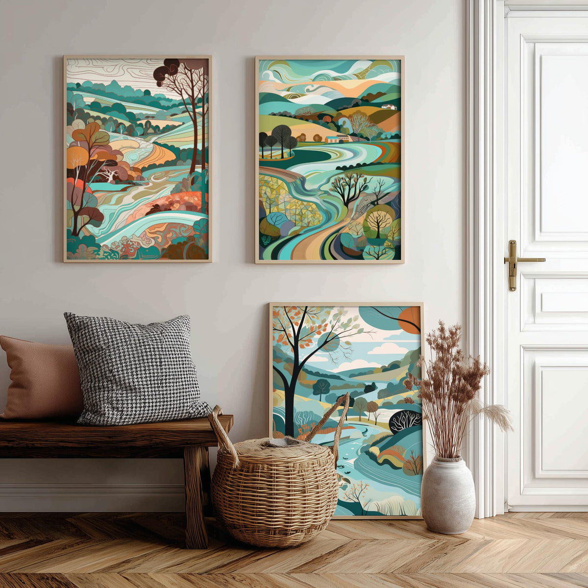 Turquoise Landscape Drawing Set of Three Art Prints - Trees, Hills and Farms - Breezy Folk Countryside Poster Illustration