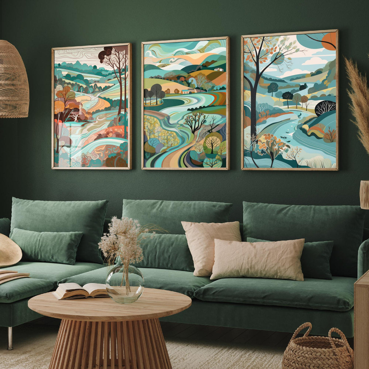 Turquoise Landscape Drawing Set of Three Art Prints - Trees, Hills and Farms - Breezy Folk Countryside Poster Illustration