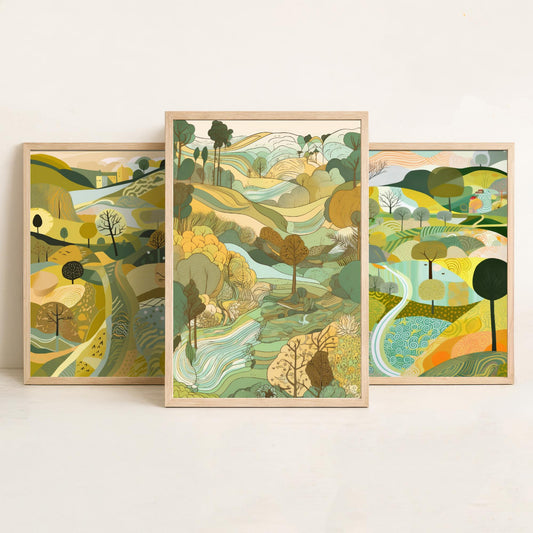 Yellow Green Landscape Drawing Set of Three Art Prints - Trees, Hills and Village - Sunny Folk Countryside Poster Illustration