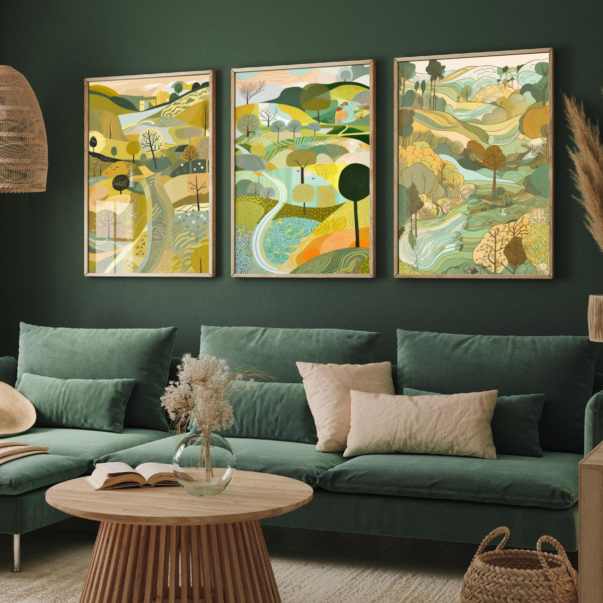 Yellow Green Landscape Drawing Set of Three Art Prints - Trees, Hills and Village - Sunny Folk Countryside Poster Illustration