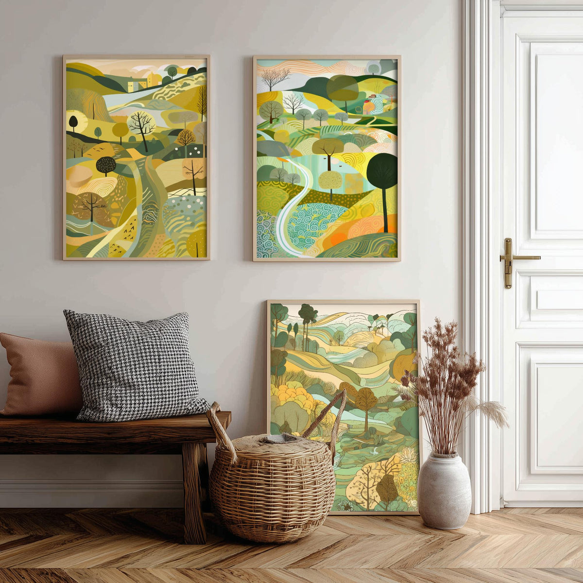 Yellow Green Landscape Drawing Set of Three Art Prints - Trees, Hills and Village - Sunny Folk Countryside Poster Illustration