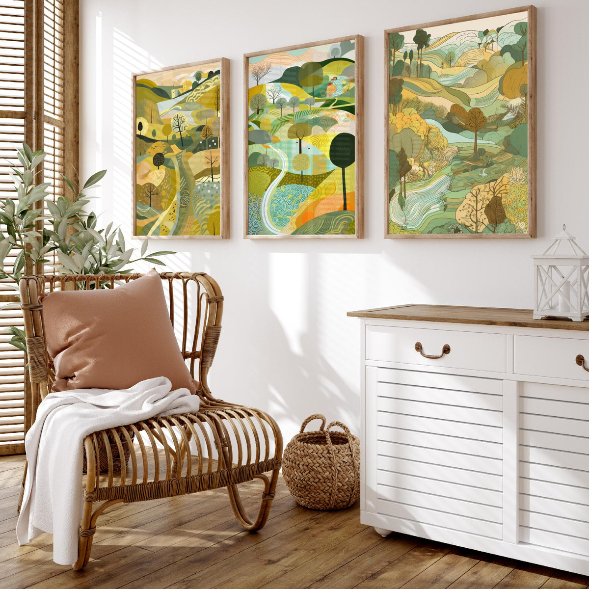 Yellow Green Landscape Drawing Set of Three Art Prints - Trees, Hills and Village - Sunny Folk Countryside Poster Illustration