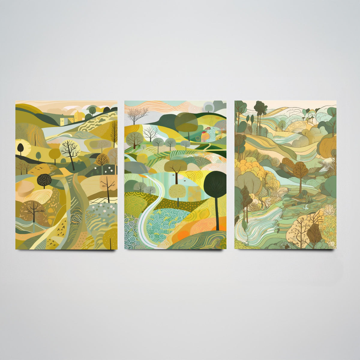 Yellow Green Landscape Drawing Set of Three Art Prints - Trees, Hills and Village - Sunny Folk Countryside Poster Illustration