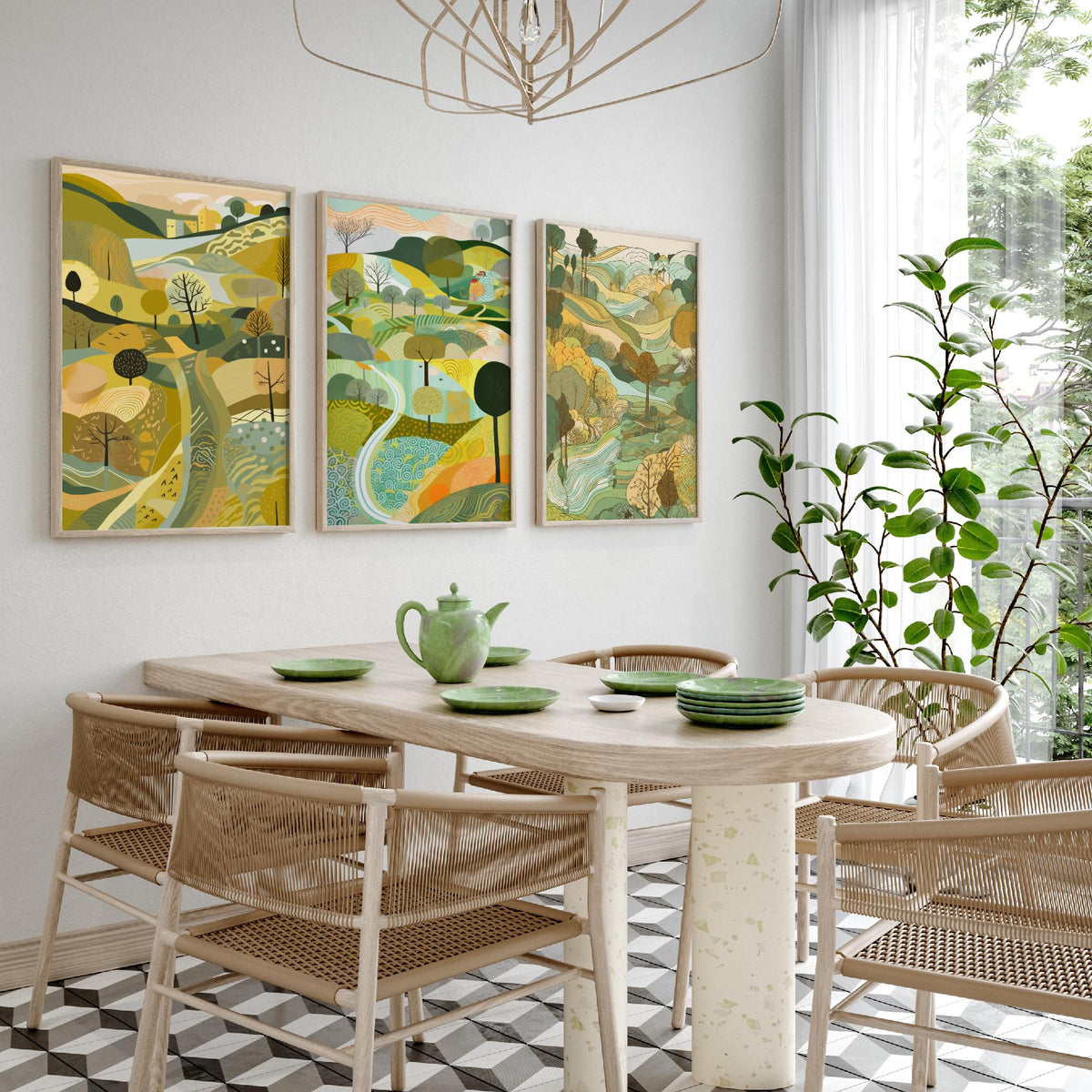 Yellow Green Landscape Drawing Set of Three Art Prints - Trees, Hills and Village - Sunny Folk Countryside Poster Illustration