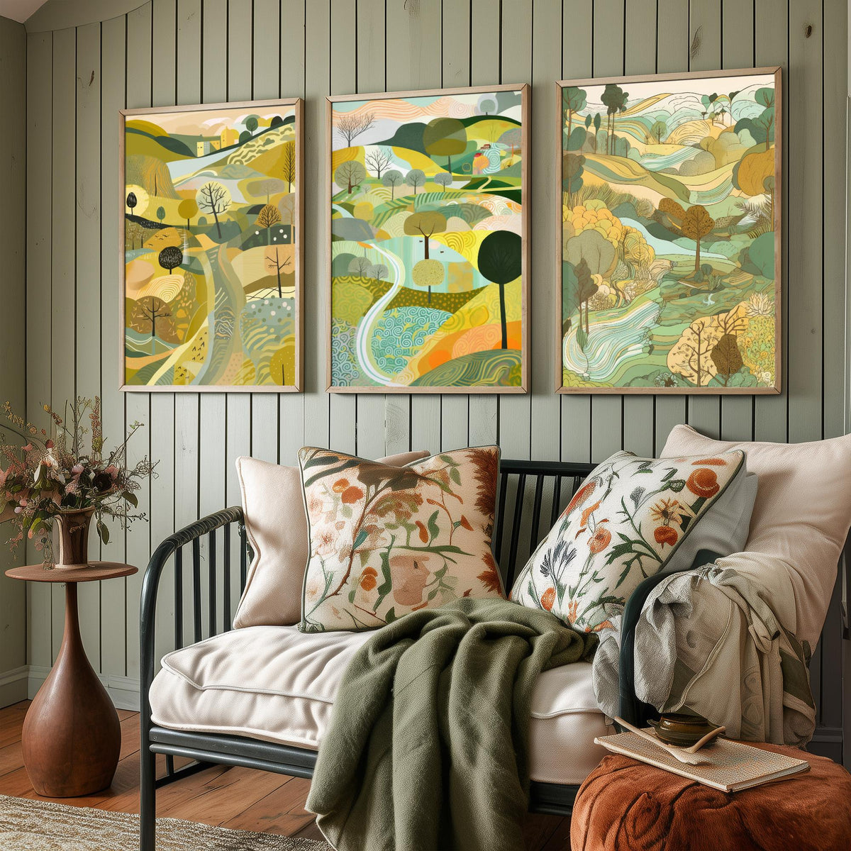 Yellow Green Landscape Drawing Set of Three Art Prints - Trees, Hills and Village - Sunny Folk Countryside Poster Illustration